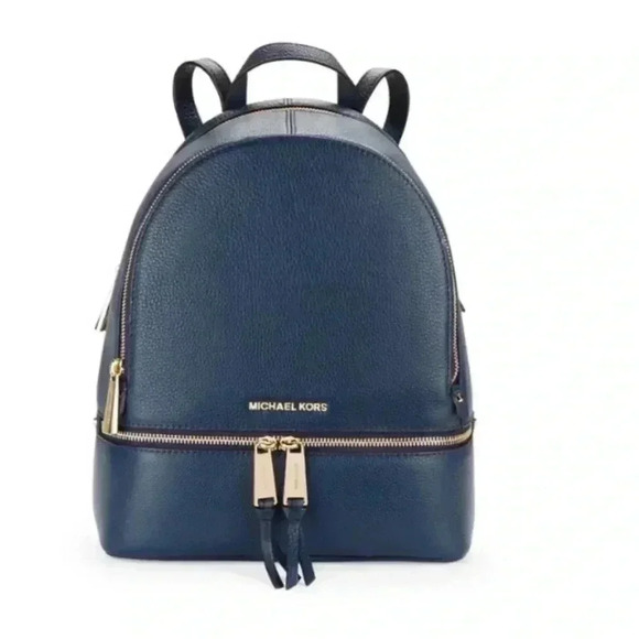 Michael Kors Rhea Navy Backpack Gold Zippers - Picture 1 of 12